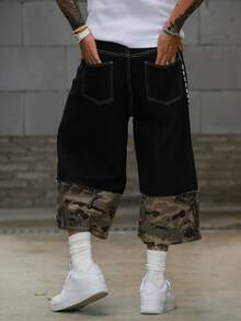 DAZY 春季男士拼接軍綠迷彩牛仔短褲，適合休閒出遊、通勤、派對、街頭穿搭 - 彩色 - 查看 2