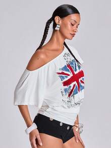 ACID BLVD Summer Y2K Street Style Hot Girl Vintage British Flag Print Pocket Waist-Cinched Loose T-Shirt - White - View 7