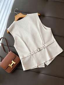 SHEIN Franclia Women's Solid Color V-Neck Single-Breasted Casual Versatile Commuting Blazer Vest - Apricot - View 2