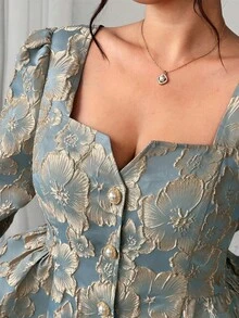 Elenzga Plus Size Light Blue Autumn Elegant Wedding Textured Jacquard Embroidered Open Front Long Sleeve Puff Sleeve Square Neck Pearl Button French Shirt - Mint Green - View 3