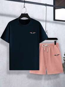 Manfinity Roughcore Conjunto casual de camiseta de manga corta con estampado de alas y pantalones cortos para hombre - Multicolor - Ver 2