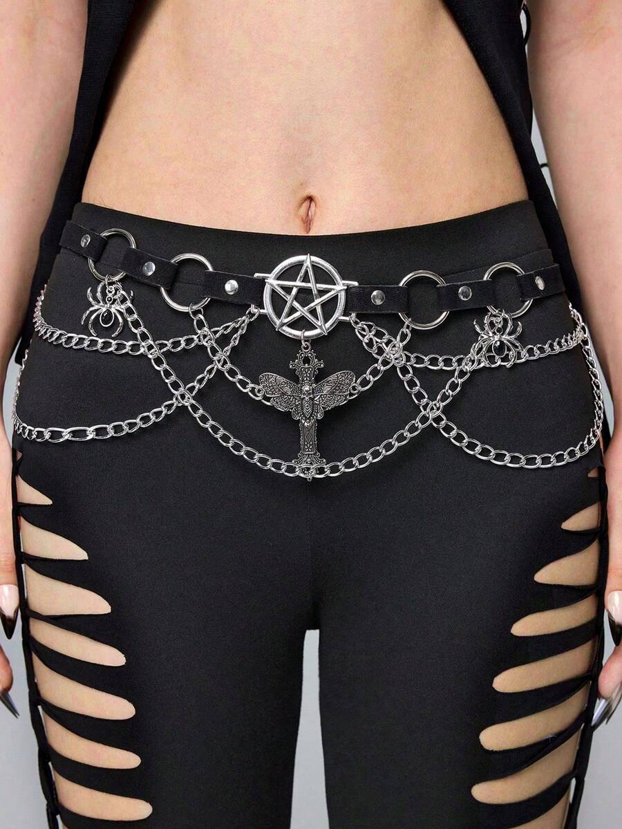 ROMWE Goth 1件裝女款法蘭絨布料蛾形十字蜘蛛鏈條裝飾深色哥德風鏈條腰帶,萬聖節配件,日常百搭 - 黑絨布十字架蜘蛛鏈條腰帶 - 查看 1