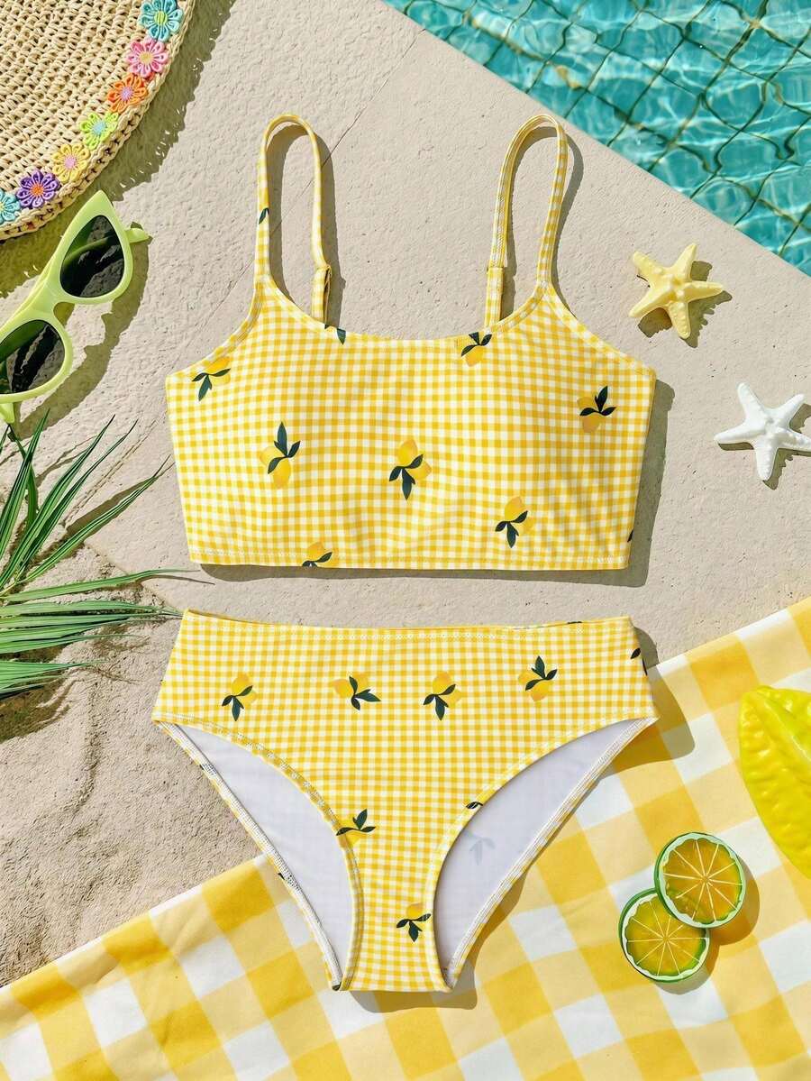 SHEIN Bộ bikini in hoa cho bé gái tuổi teen, 2 món đồ bơi, phong cách ngọt ngào và thời trang phù hợp cho mọi dịp, bộ bikini cho bé gái tuổi teen mùa xuân/hè - Màu vàng - Xem 1