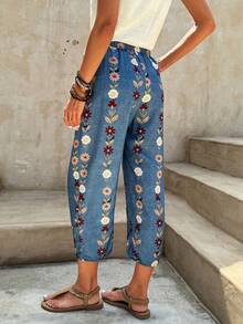 EMERY ROSE Pantalones largos casuales con estampado floral para mujer, nuevos para primavera/verano y vacaciones - Azul lavado medio - Ver 2