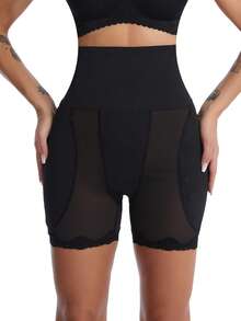 SHAPORA Black Mesh Fabric High Waist Body Shaper Shorts For Women With Plain Design - Black - View 2