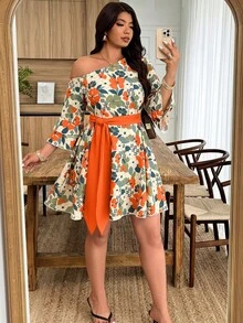 Weeklong Vestido corto bohemio de vacaciones con estampado floral naranja, hombro asimétrico, manga corta con volantes, talla grande - Multicolor - Ver 4