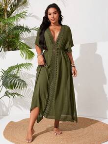 Swim Vcay Plus Size Women's One-Piece Side Slit Lace Patchwork Sexy Casual Vacation Beach Dress - Army Green - View 3