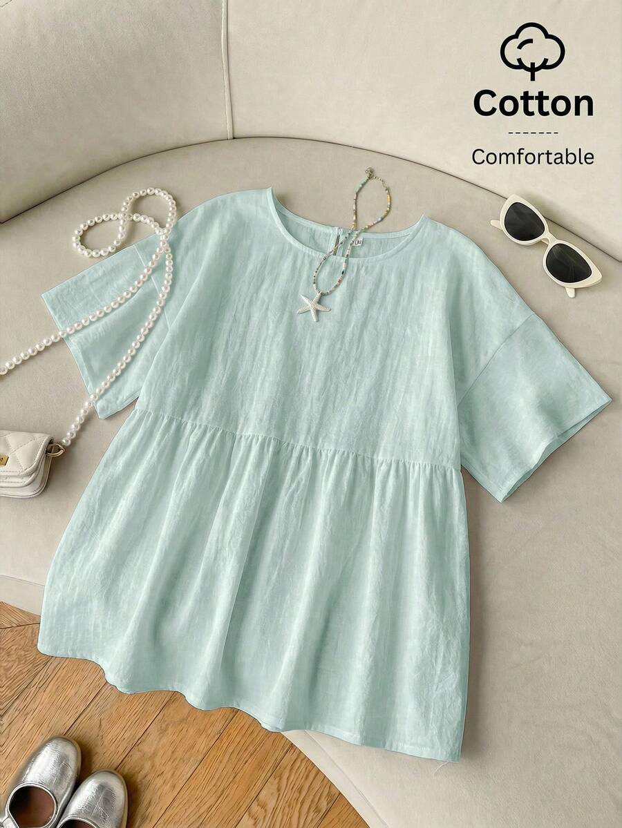 SHEIN EZwear 100%純棉淺綠色亞麻編織女款襯衫,夏季上衣,適合日常通勤、約會、聚會,秋冬春夏,聖誕節、新年、感恩節、派對、婚禮、海灘、畢業、時尚、優雅、休閒、外出、約會、預約、通勤、亮麗、情人節、優雅、度假 - 綠色 - 查看 1