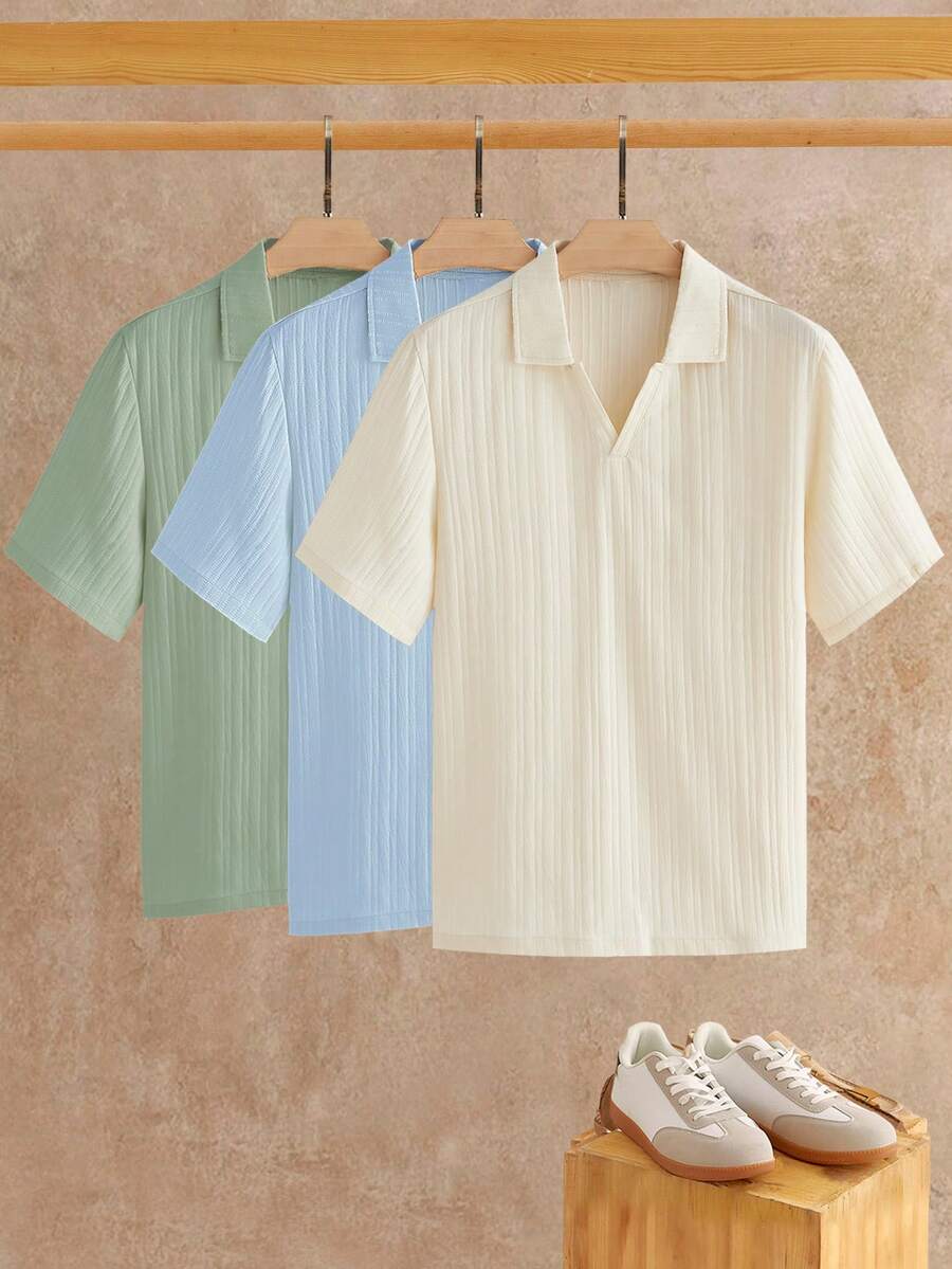HIMLAND Men's Solid Color Textured Casual Versatile Short Sleeve Polo Shirts 3-Pack - Multicolor - View 1