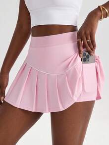 SHEIN Sovereign Charm Spring/Summer Women's Sports Mini Skirt, Pink Waistband With Contrast Color Striped Patchwork, High Elasticity Waist, Contrast Color Striped Pleated Hem, With Built-In Shorts And Pockets, Suitable For Casual Wear, Running, Yoga, Gym, Tennis, Golf - Pink - View 2