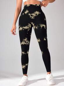 SHEIN Sports 女士扎染高腰休闲健身紧身裤 - 黑色 - 查看 4