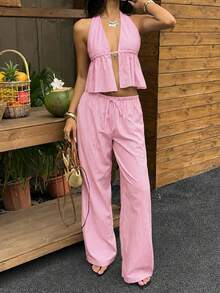 SHEIN EZwear 紅白條紋編織女款休閒套裝 - 紅白色 - 查看 6