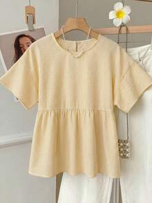 SHEIN EZwear 鵝黃色條紋大尺碼女款圓領短袖休閒襯衫 - 鵝黃色 - 查看 8