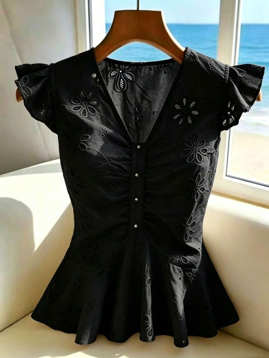 GlowEve 女款刺繡面料鏤空度假襯衫 - 黑色 - 查看 1
