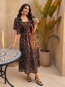 Auveirra 2pcs/Set Women Leopard Print Dress And Leopard Print Blouse Leopard Set Cheetah Print Outfit, For Going Out Vacation - Gold - View 3