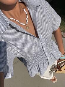 SHEIN EZwear 女士藏蓝色条纹修身梭织衬衫 - 藏蓝色 - 查看 7