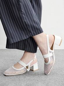 CUCCOO BIZCHIC Women's Fashion High-Heeled Shoes, Buckle Thick Heel Mesh Yarn, Global Four-Season Commuting, Elegant Foundation, Festival Vacation, Office Outdoor Daily Versatile - pure white - View 8