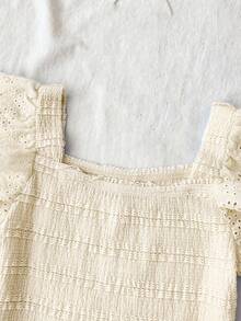 Camisetas de tirantes y camisolas para niñas preadolescentes, 3 artículos aleatorios, se envía 1 artículo, unicolor, punto con textura, encaje, ajustado, casual, minimalista, cómodo, cuello cuadrado, manga corta con volantes, tela con textura, top corto, camiseta de tirantes para niñas - Albaricoque - View 6