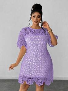 Maweii Plus Size Solid Color Hollow Out Round Neck Short Sleeve Dress - Mauve Purple - View 4
