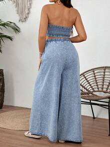 SHEIN Maternity Casual Fashion Vacation Style Ruched Cropped Denim Tube Top And Drawstring Waist Wide Leg Denim Pants 2pcs Set Summer Festival Graduation - Blue - View 2