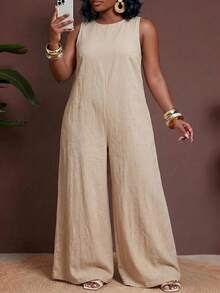 Veslaya Plus Size Women's Solid Color Round Neck Casual Daily Wear Jumpsuit Wide Leg Pants - Khaki - View 6