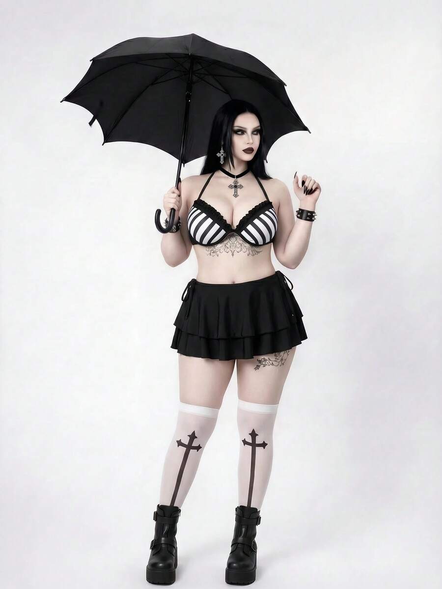 ROMWE Plus Size Women's Summer Beach White Halter Bikini Set With Cover-Up Skirt Goth - Black and White - View 1