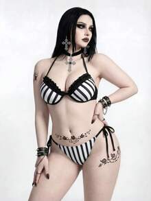 ROMWE Goth 2026哥德式暗黑龐克3件式大尺碼泳裝套裝 - 黑與白 - 查看 4