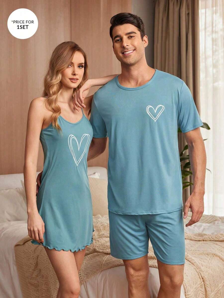 SHEIN 男士簡約心形短袖T恤與短褲休閒睡衣套裝 - 藍色 - 查看 1