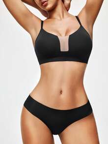 SHAPORA Women's Solid Color Mesh Patchwork Comfortable Bra - Black - View 4