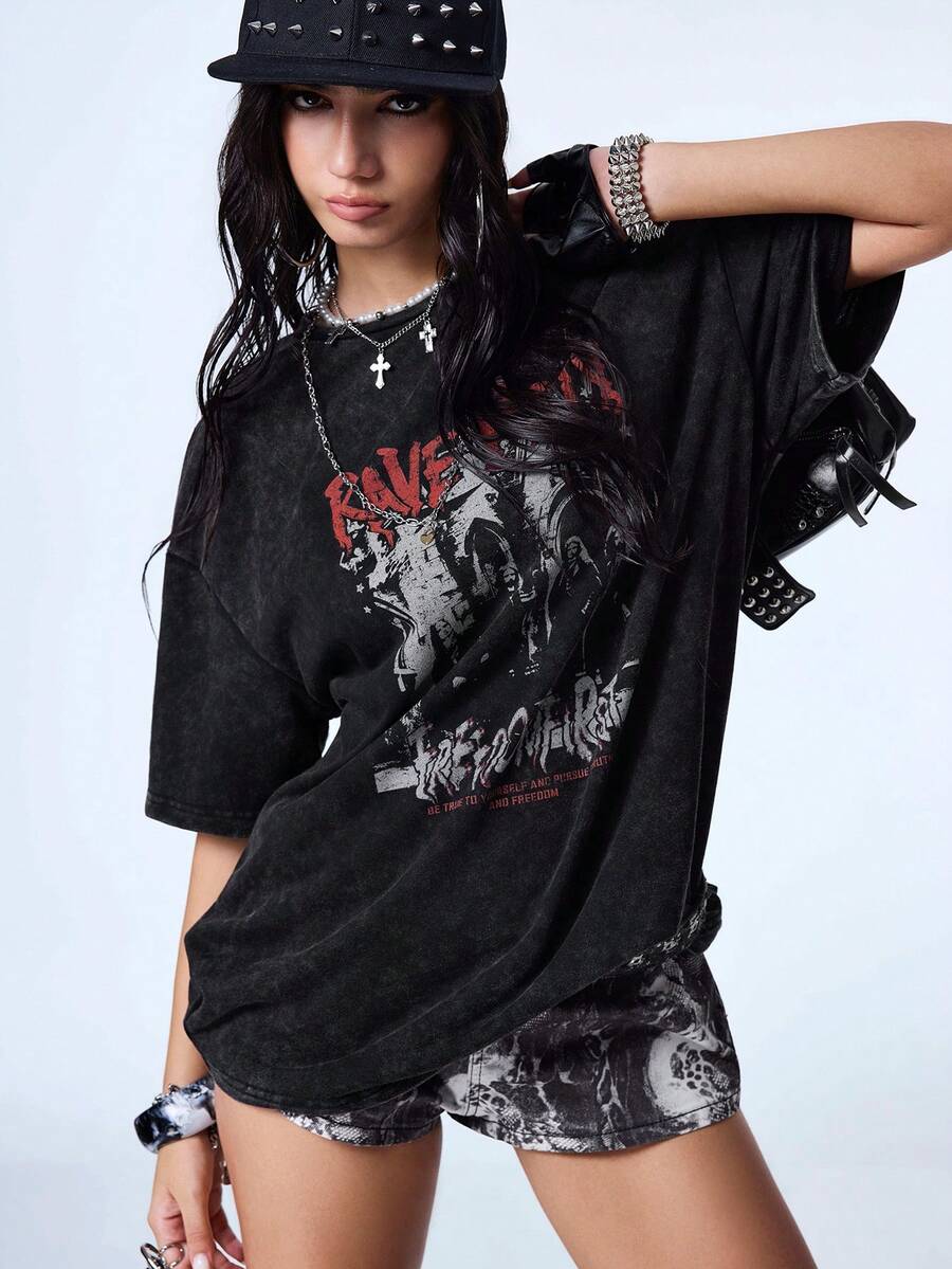 Y2Kool Charcoal Gray Washed Distressed Cotton Blend Vintage Band Portrait Gothic Y2K Streetwear Women's Oversize Short Sleeve T-Shirt Summer - Black - View 1