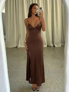 Aloruh Women's Elegant Solid Brown Long Dress Backless Lace Patchwork Spaghetti Strap Dress Night Out Summer - Coffee - View 7