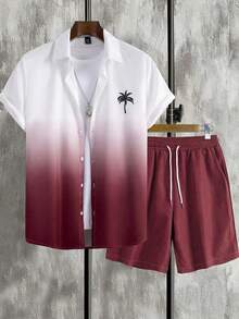 Manfinity RSRT 2pcs/Set Men's Coconut Tree Ombre Print Short Sleeve Shirt + Shorts, Vacation, Cozy Outfits, Holiday - Burgundy - View 1