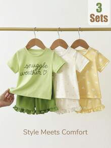 SHEIN Playful Pals 3套女幼童可愛休閒粉色心形圓點字母貼心天氣印花短袖圓領T恤上衣與荷葉邊下擺短褲兩件式套裝，柔軟彈性，適合情人節、日常居家、春夏季穿著 - 彩色 - 查看 11