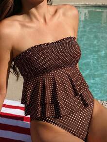 Swim Mod Top de bikini con tirantes finos, diseño sin tirantes con detalle fruncido en la parte delantera, dobladillo con volantes de doble capa para cobertura del abdomen y efecto adelgazante, top de bikini tipo tank para playa, arena, piscina y vacaciones - Multicolor - Ver 1