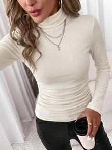 SHEIN Clasi 女款素色高領長袖修身保暖內裡休閒T恤 - 卡其色 - 查看 3