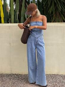 Livesso Women Casual Denim Tube Top And Pants Set - Blue - View 3