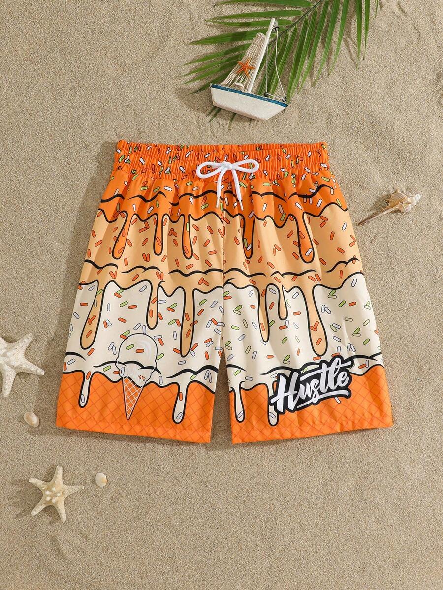 SHEIN Tween Boy Ice Cream Letter Print Drawstring Waist Casual Beach Swim Shorts - Orange - View 1