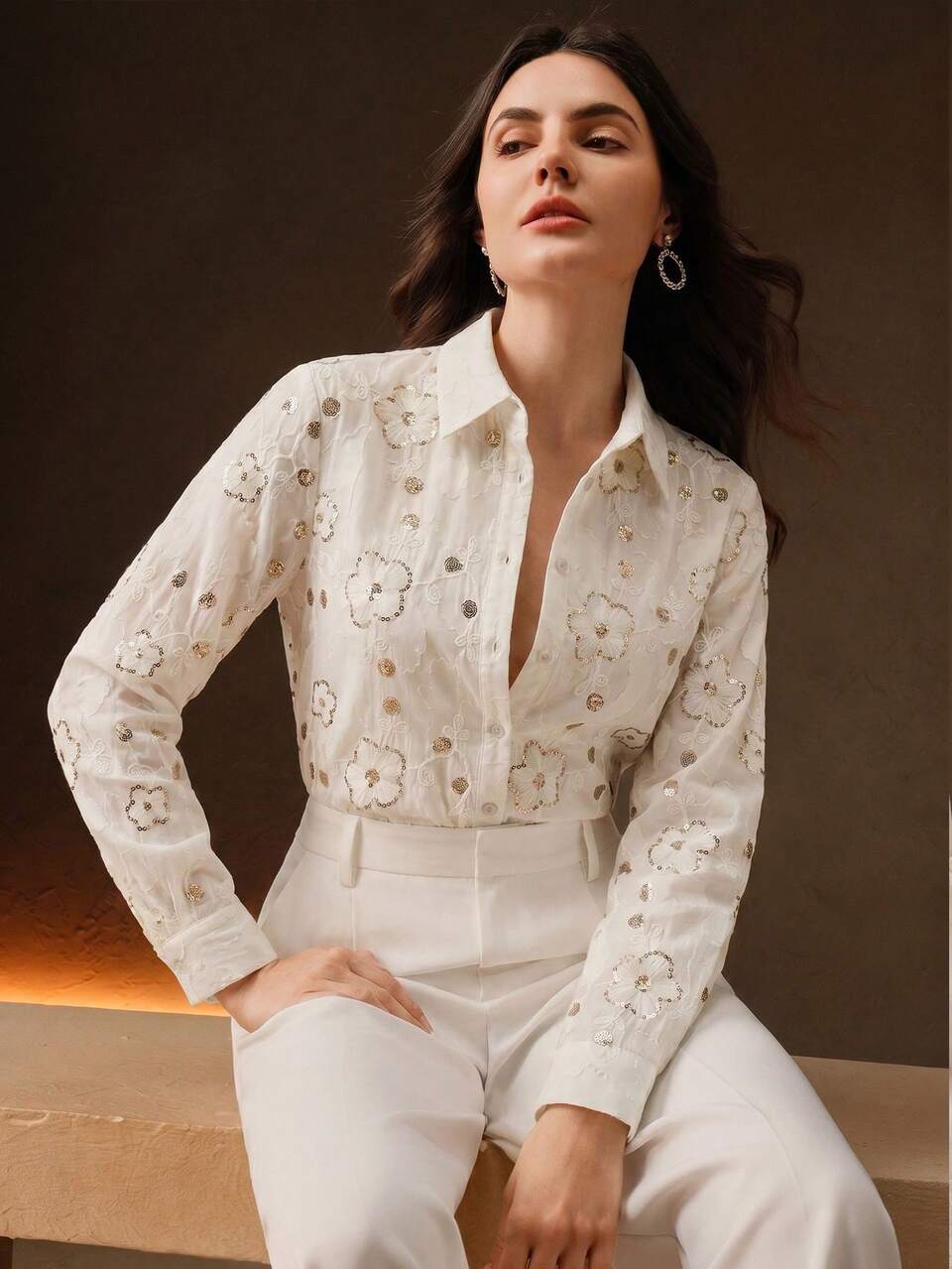 Anewsta Romantic Elegant Sequins Embroidered Collar Long Sleeve Fitted Casual Work Dinner Date Day Party Gentle Lady Shirt Wedding Off-White Autumn