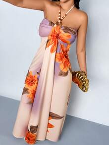 SOLERSUN Women's Casual & Sexy Sleeveless Halter-Neck Backless Maxi Dress - Featuring Beaded Accents, Ombre Gradient, And Large Floral Print. A Stylish Summer-Vibe Dress, Perfect For Vacations, Mother's Day, Beach Parties, And Elegant Resort Wear. - Apricot - View 7