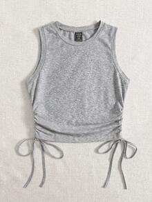 Comfortcana Knitted Casual Medieval Plus Size Women's Solid Color Side Drawstring Tank Top Holiday Summer - Grey - View 3