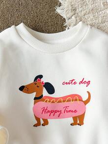 Cozy Pixies 2件組女嬰幼兒/新生兒0-3歲秋冬休閒日常趣味臘腸狗圖案圓領運動衫+粉色條紋長褲套裝 - 彩色 - 查看 6