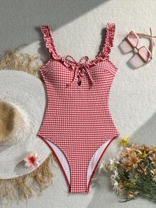 Swim Mod 女款海灘泳池派對度假 70 年代復古可愛紅色條紋格紋拼接印花荷葉邊綁帶寬肩帶連身泳衣 夏季 - 紅白色 - 查看 5