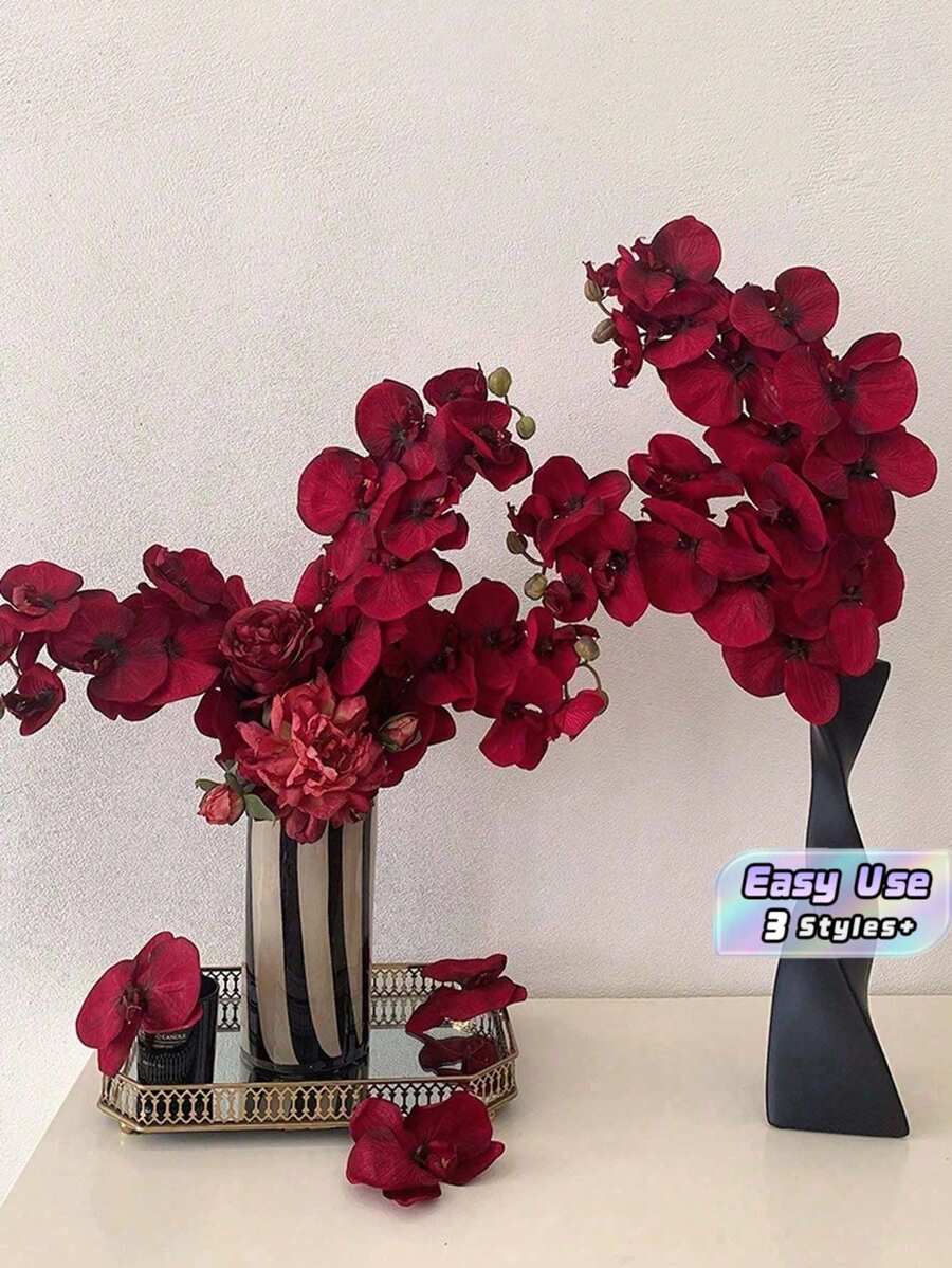 2/4/6支逼真深红色兰花,客厅餐桌装饰花艺摆设,婚礼订婚装饰人造花,秋季仿真花家居装饰,花园装饰婚礼装饰,婚礼花束配件,春季装饰 - 紅色 - 查看 1