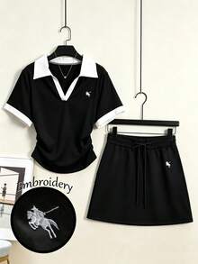GlowEve CURVE Plus Size Collared Waist Cinching Short Sleeve Shirt, 2 Pieces Set - Black - View 1