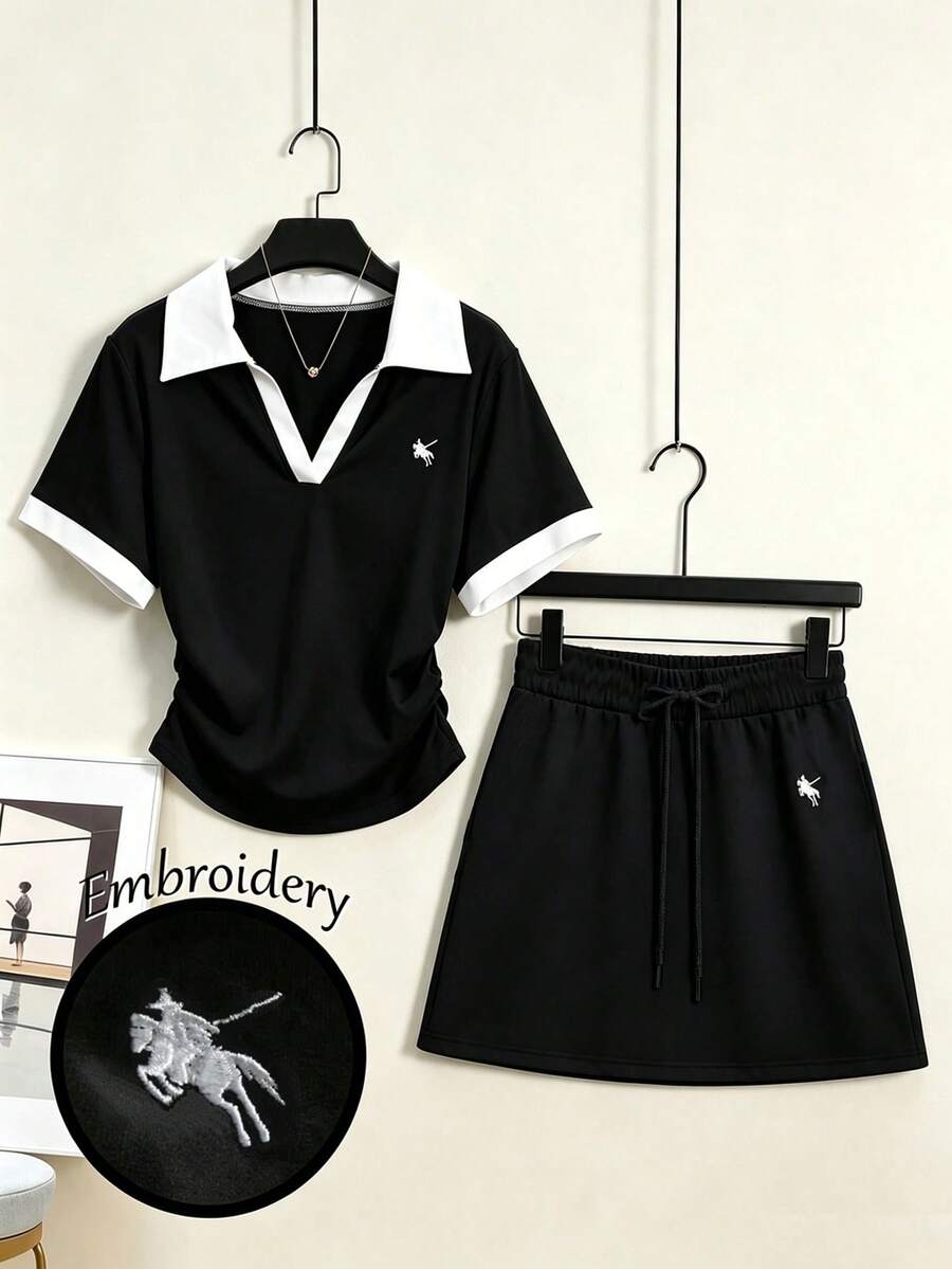 GlowEve CURVE Plus Size Collared Waist Cinching Short Sleeve Shirt, 2 Pieces Set - Black - View 1