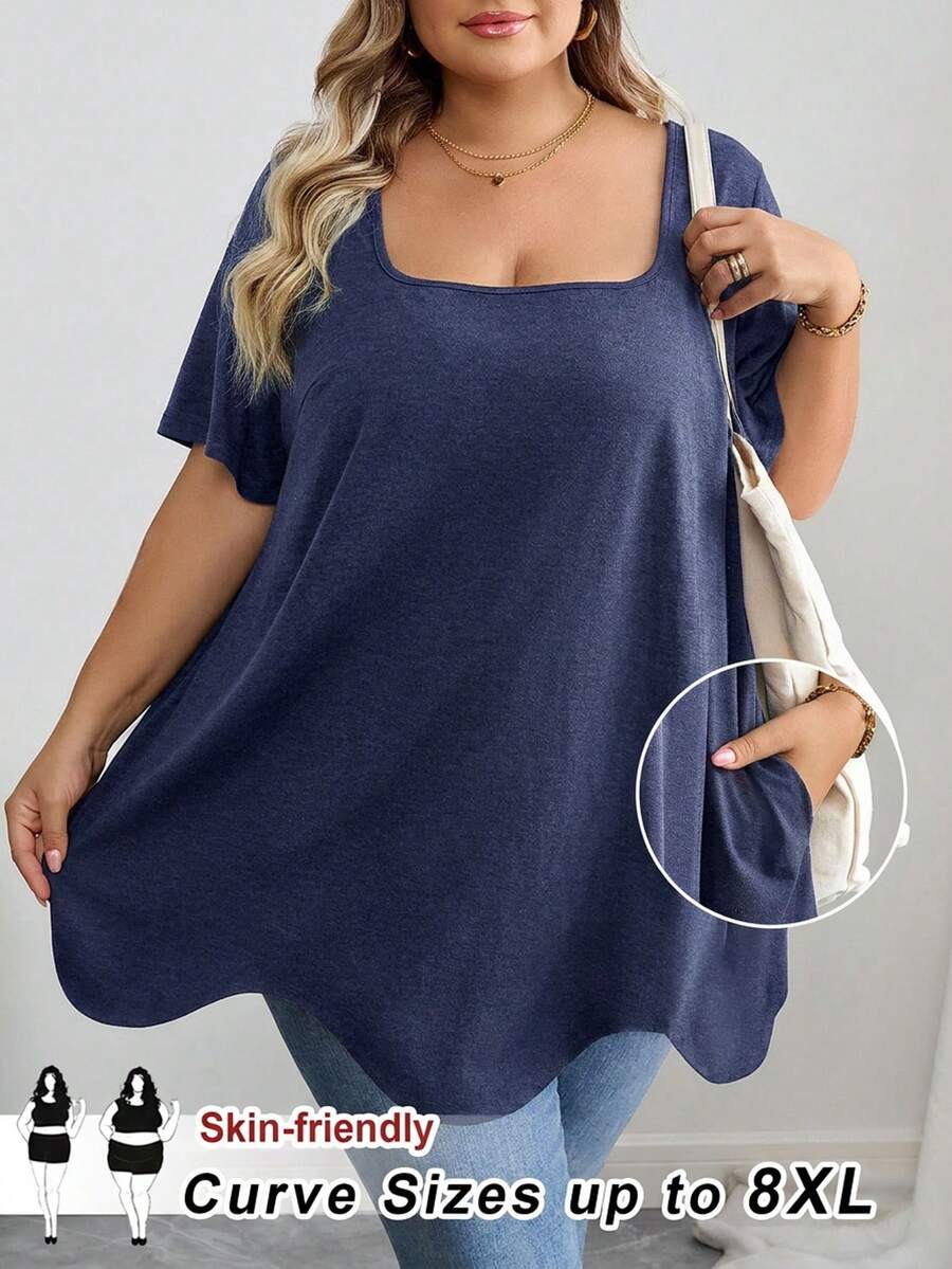 SHEIN CURVE+ Curve大尺碼女裝/秋季女裝/冬季女裝/大尺碼方領不對稱下擺口袋短袖T恤黑色上衣 8XL 6XL 5XL 大尺碼女裝上衣,女性度假穿搭秋季冬季CURVE PLUS - 藏蓝色 - 查看 1