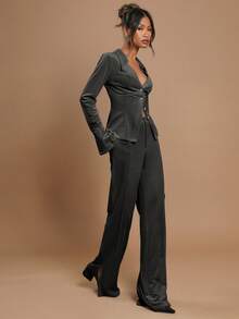 COSMINA 2 Pieces Set: Women Solid Color Long Sleeve Top & Long Pants - Black - View 3