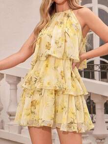Amorya Summer Elegant Flowy Women's Floral Print Metal Accessory Decorated Multi-Layered Cake Tier Ruffle Short Dress, Wedding Guest Vacation Outfit - Yellow - View 3