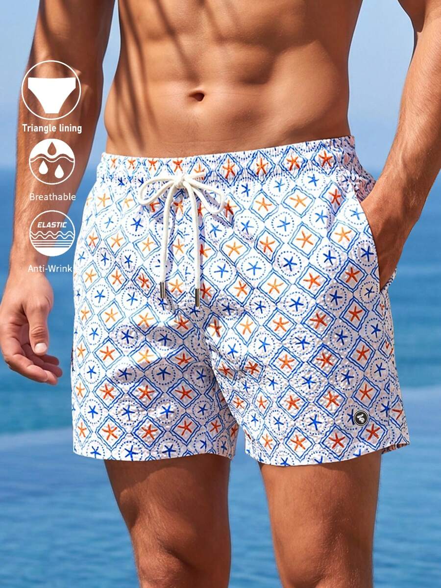 Manfinity Swimmode 男士夏季度假全印花抽绳腰斜插口袋透气沙滩短裤 - 彩色 - 查看 1