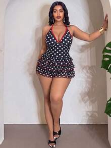 Slaydiva Maillot de bain une pièce élégant et décontracté pour femmes grandes tailles, imprimé léopard aléatoire avec volants - Noir et Blanc - Voir 3